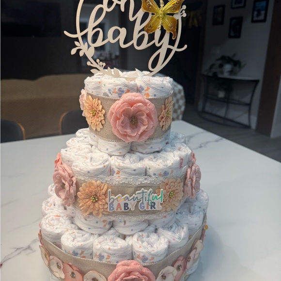 Beautiful Baby Girl Diaper Cake with Pink and Cream Accents